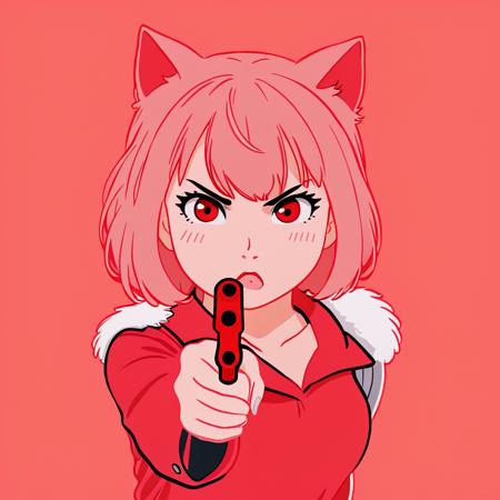 a pretty girl neko is very angry and swears, face is red, (pointed a gun at the camera:1.1), cold colors, stylized, simple background, cutestickers, (sticker:1.4), art, (big fat stroke:1.2), minimalistic, ohwx style, cute comic