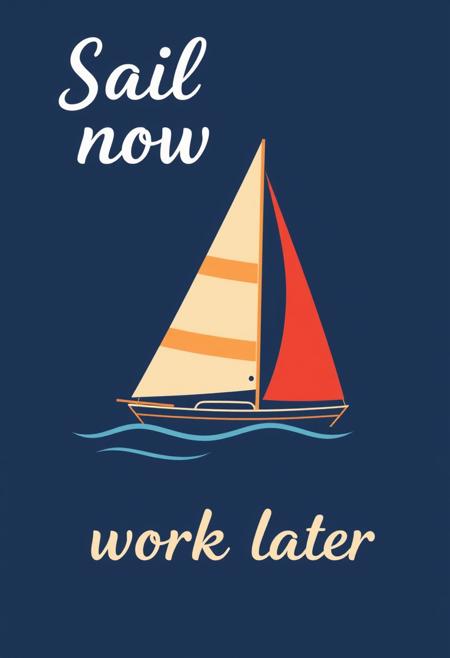 graphical art, sailboat, poster design, text "Sail now work later", flat design,