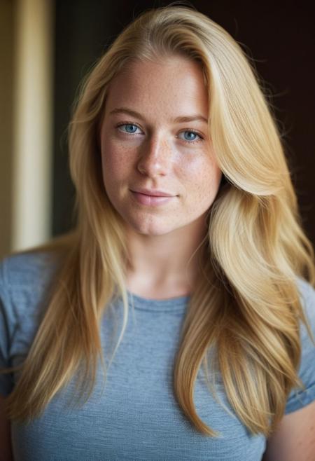 Beautiful woman, 25 years old. Blonde long hair, tall, (freckles:0.8), graceful, charming. (Wearing a t-shirt and jeans:0.5).
(Full-body shot:1.1), soft warm light, (50mm:1), (f/2:0.7).
Detailed face, detailed eyes, photograph.