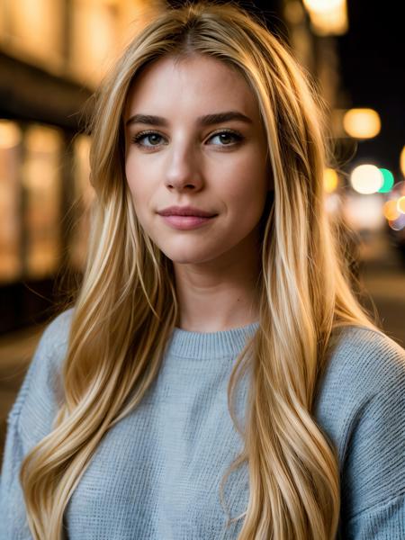 <lora:emma3-29:1> emrb,long hair ,blonde hair,close-up, city street,wearing sweater ,masterpiece, soft lighting,night,bokeh,dof, <lora:add_detail:1>