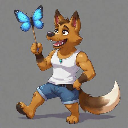 solo, short hair, open mouth, shirt, 1boy, animal crossing style, animal crossing  background, animal ears, tail, full body, male focus, sleeveless, black tank tip, blue jeans, holding a butterfly net, spread legs, uncensored, dog ears, bara, furry, dog tail, furry male, brown fur, dog boy