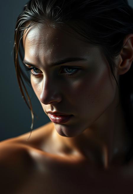 Wet female body,
((headshot:1.2) portrait on a (plain background:1.2), (headshot:1.2), (face focus:1.1), lighting from the left, (shadows:1.2), (left side lighting:1.2), (side light:1.3), (half lit face:1.1), (strong shadows:1.2):1.2),
bokeh, f1.4, 40mm, photorealistic, raw, 8k, textured skin, skin pores, intricate details  <lora:epi_noiseoffset2:1>, epiCRealism