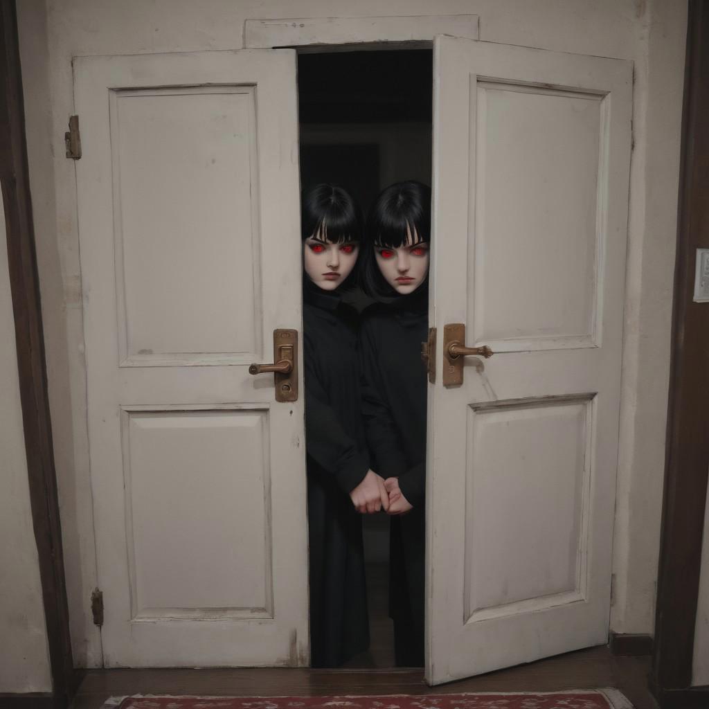 2 girl, russian girls, twins, black hair, short hair, bangs, straight hair, red eyes, they are evil, trick or treating, standing in doorway, front door, from inside house