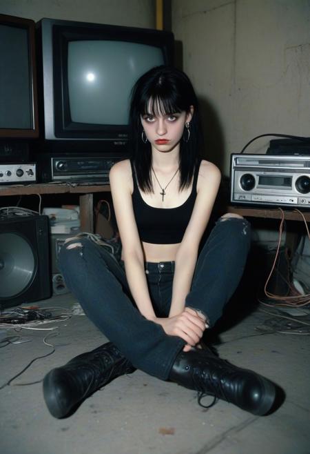 2000's goth girl, retro aesthetic, 4k, detailed, high quality, Fujicolor Superia X-TRA 400 film, 50mm, fine art photography, subtle grain, shallow depth of field. nostalgia, old retro aesthetic, film still, 90s vintage photograph. detailed, masterpiece, photorealistic
An 18-year-old goth girl sits cross-legged on the cold garage floor, back against an old metal shelf, ripped black jeans, unlaced boots, and a cropped tank top layered under a slouchy flannel. Her hands rest on a massive early-2000s VCR crtv tv beside her, its worn and dust-covered. The old tv is turned on but tuned between stations — just soft static fills the space. Her expression is blank but heavy, lips parted slightly as if caught mid-sigh. A single streak of light falls from a small window above, catching the glint of her safety-pin earrings and chipped black nail polish. Cables, cassette tapes, and bits of hardware litter the ground. It's the kind of moment that feels suspended in time — lonely, beautiful, and echoing with a song only she can hear.