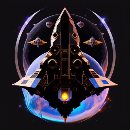 a spaceship (on a black background:1.4) as t-shirt logo in the style of <MAGIFACTORY>