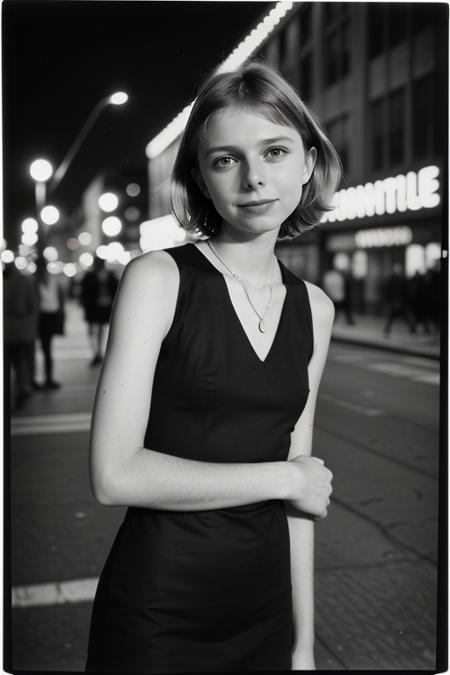 FloFleming-300, (upper body), ((1980s photograph, soft blush, pale skin, sleek hair, black dress with square neckline)), Century Camera Co. Studio, 160mm f/8, 1/10s, ISO 25, ((tintype)), smile, big eyes, doe-eyed, (analog, film, film grain:1.4), ((outside Studio 54, disco, night, gritty Manhattan street)), smile:1.3, <lora:nighttime_v1:0.1>