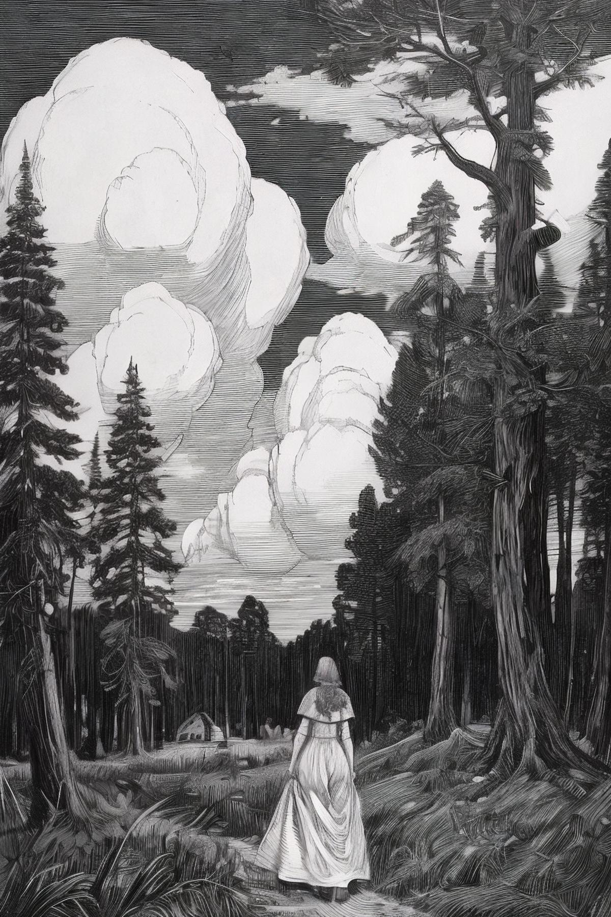 A girl in a white dress walking in the woods with clouds in the sky.