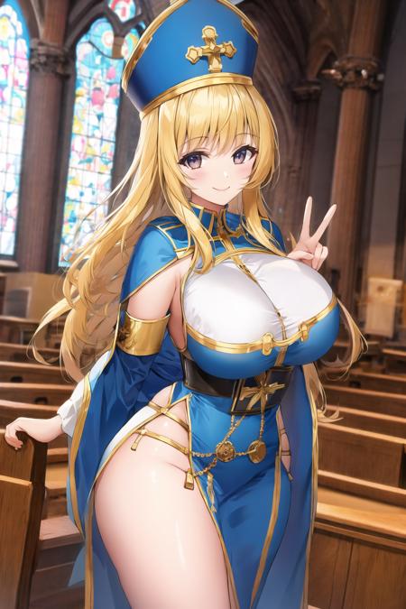 church, indoors, mitre, large breasts, wide hips, smile, looking at viewer, <lora:Mitre:0.6>