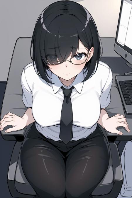 short hair,Black hair,Bangs cover your eyes,The Office Girl,Short Skirt,black silk stockings,sitting in an office chair,Computer,Office,Look up perspective,