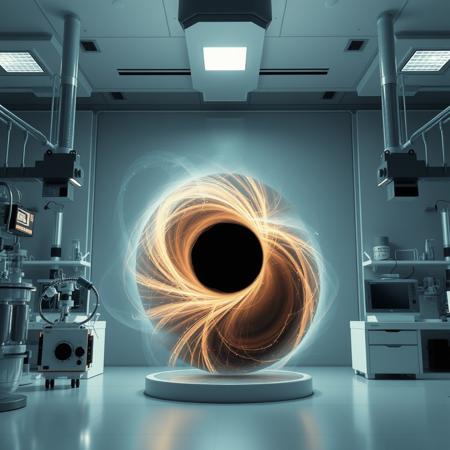 A more photorealistic black hole being studied in a laboratory,  distorting reality and puling the objects arround it