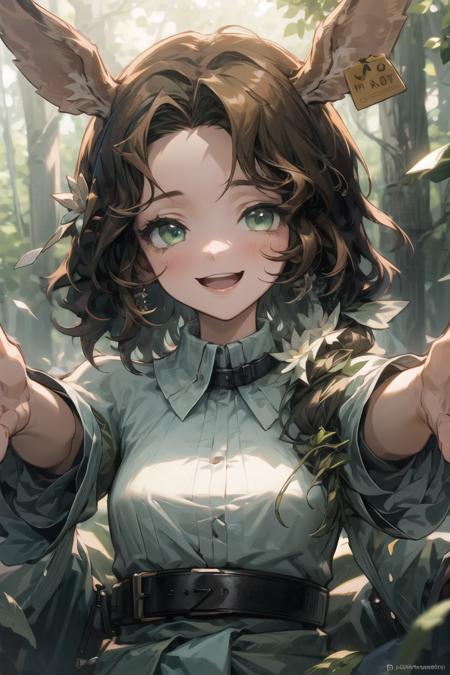 best quality,masterpiece,ultra high res,(colorful),beautiful eyes,close up face,cinematic lighting,extremely detailed CG unity 8k wallpaper,upper body,forest,sun,sunlight,(incoming hug:1.2),laughing,green eyes,jessica,1girl,solo, <lora:add_detail:1>, <lora:jessica(alpha16):0.8> , <lora:incominghugAlpha16:1>