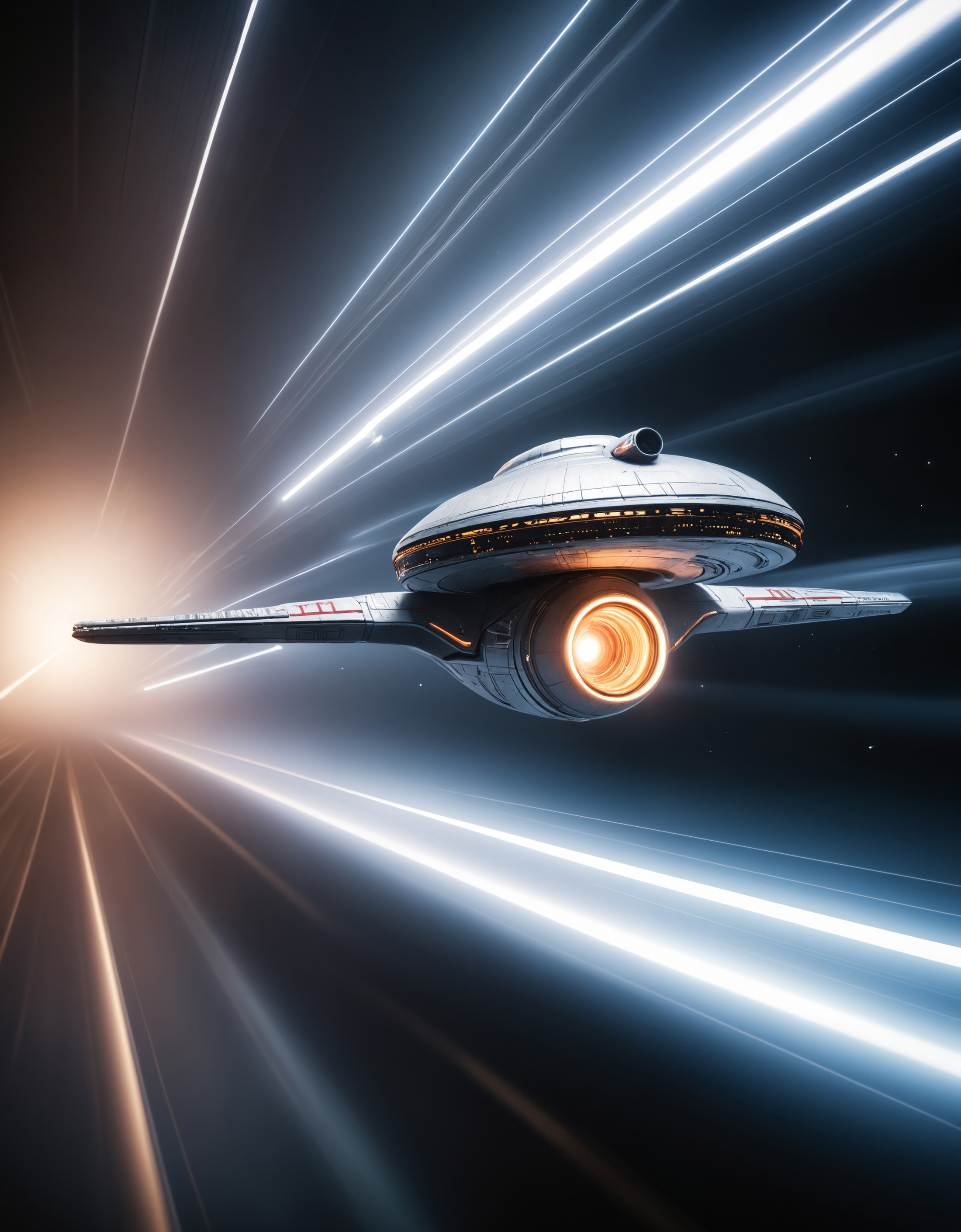award winning photo of a star trek spaceship enterprise going to warp speed, zavy-lghttrl, atmospheric haze, dynamic angle...