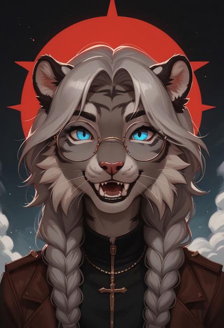score_9, score_8_up, score_8, Gray tiger, female, two braids in front of shoulder, one big braid on back, Gray Fur, ((body fur)) , blue eyes, wearing black shirt, olive canvas jacket, cinematic style, 8k resolution, digital painting, solo, portrait, blue sky and clouds as background, flat color, wearing round glasses with red glass over eyes, looking at viewer, short thin whiskers, fangs, smiling, perfect hands, open mouth, white hair