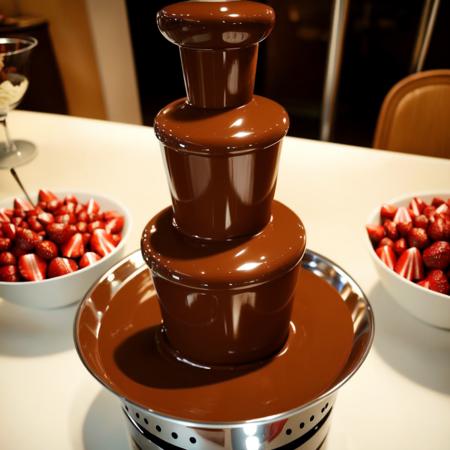 chocolate fountain CCFT no humans shiny chocolate bowl still life dessert realistic reflection