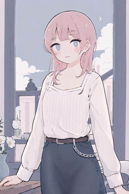 1girl, solo, pink hair, belt, long sleeves, signature, long hair, bangs, shirt, striped, no nose, white camisole, camisole, upper body, looking at viewer, cowboy shot <lora:noline:1>, <lora:conago_artstyle:0.4> <lora:moffmachi_style:0.6>