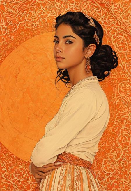 Persian Girl.(art by Norman Rockwell and Bahgat Osman:1.2), bold lines,
grand and endless horizons atmosphere with transmittance, magnificent details,
(light orange and blush colors:0.1),  (center composition:0.1),
<lora:add-detail-xl:1> <lora:xl_more_art-full_v1:0.5> <lora:DiscoDeliriumXL-v1.2:0.25>