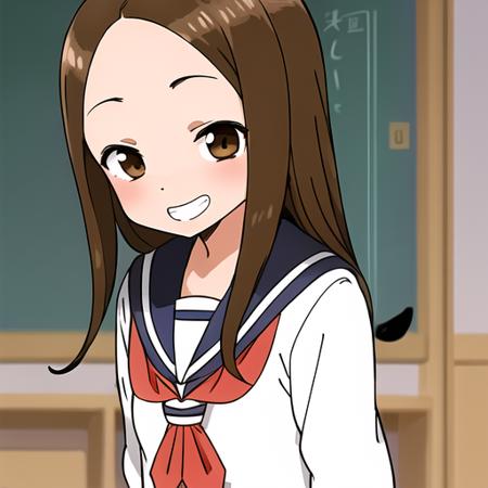 masterpiece,best quality,ultra-detailed, <lora:takagi_san:1>,uniform,serafuku,sailor suit,medium hair,((((side-swept bangs)))),evil grin,evil smile,hidden hands,((in the classroom)),detail background,upper body,(arms behind back),perfact face,perface background