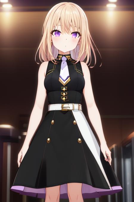 misumi uika, black dress, sleeveless dress, bare shoulders, bare arms, belt, white belt, white necktie, misumi uika, doloris, shoulder cutout, black pants, corset, long sleeves, bare shoulders, black dress, puffy long sleeves, black shirt, belt, choker, white ascot, misumi uika, serafuku, white sailor collar, short sleeves, white skirt, blue shirt, pleated skirt, purple neckerchief,  misumi uika, white shirt, brown skirt, short sleeves,