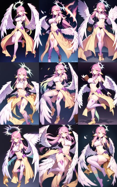 jibril 1girl, solo, long hair, breasts, sideboob, halo, pink hair, pink stocking, low wings, compass rose halo, wings, navel, book, gloves, bird ears, midriff, magic circle, asymmetrical legwear, angel, angel wings, animal ears, very long hair, yellow eyes, white wings, large breasts, mismatched legwear, single shoe, feathered wings, orange eyes, shoes, multicolored eyes, thighhighs, crop top, cross, multicolored hair, gradient hair, looking at viewer, <lora:Lora (5):1>