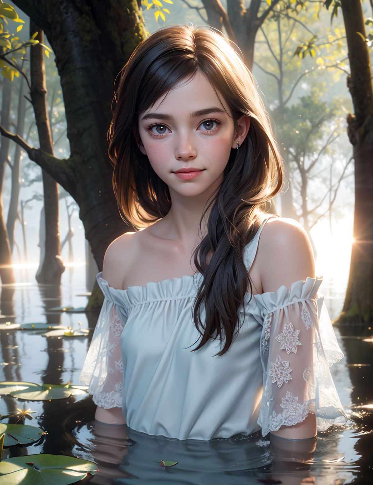 A beautiful woman with long brown hair, wearing a white lace dress, poses in a forest setting.