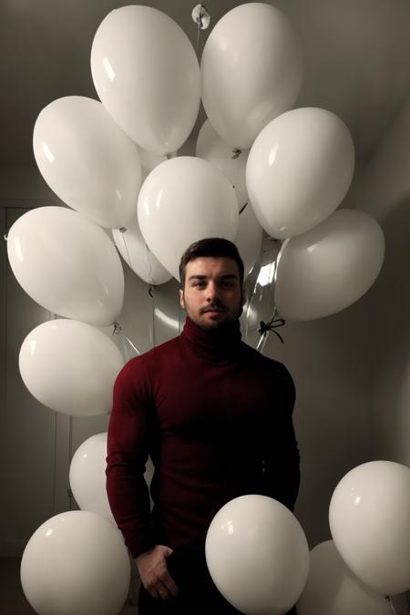 a photo of JordanBrandt, fashion portrait photo of handsome bearded man from the 60s wearing a (red turtleneck:1.2) standing in the middle of a ton of (white balloons:1.1), taken on a hasselblad medium format camera <lora:JordanBrandtLora:1>