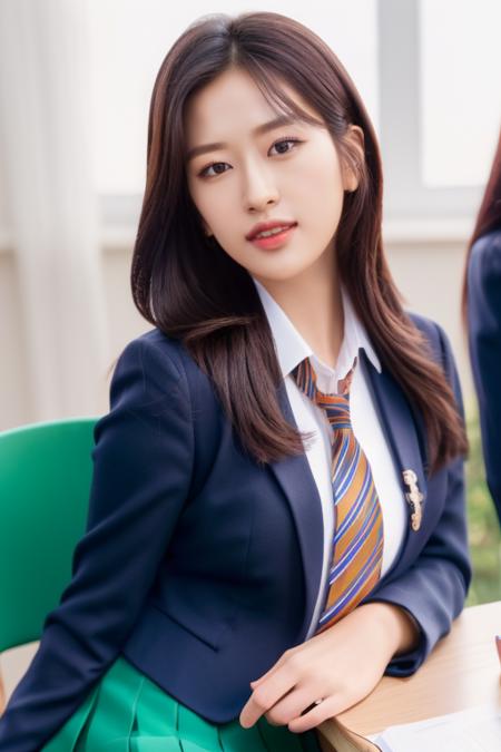 <lora:iveYujinV1:1>,Yujin,(close-up photo:1.2),(pov:1.4),(a girl is wearing high school uniform and skirt:1.5), korean, woman, perfect eyes,1girl,complex 3d render ultra detailed, portrait of beautiful women, moody portrait, striking features, beauty, intricate details, dramatic composition, tension, wispy hair, contrast, texture, realism, high-quality rendering, stunning art, high quality, film grain, Fujifilm XT3,swirly bokeh,(realistic, photo-realistic:1.4),RAW photo,physically-based rendering,(8k, best quality, masterpiece:1.2),(full body shot:1.2),(close-up photo:1.3),octane render,extremely detailed CG unity 8k wallpaper,(studio soft light, rim light,in classroom,sunlight:1.2),hyper realistic detail shiny skin,ultra detailed,(ultra realistic:1.5),(looking at viewer:1.2),(intricate:1.2),(photorealistic:1.4),chair,desk,(skinny:1.3)