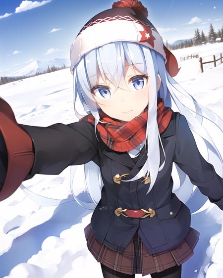 masterpiece, (best quality:1.4), photorealistic, best illustration, best shadow, (beautiful detailed:1.4), finely detailed, (dramatic light:0.9), HDR, ray-tracing, intricate details, snowy footpath in winter, blue sky, 1girl, solo, (hibiki:1.22) from kantai collection, cowboy shot, (closed mouth:1), very long hair, silver hair, winter jacket, pleated skirt, black pantyhose, plaid scarf, knit beanie, mittens, grey eyes, finely detailed iris, breath, perspective, diffraction spikes,