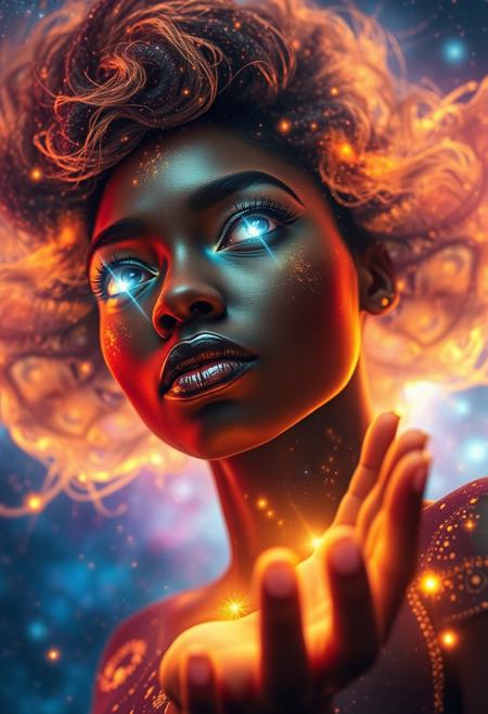 a close-up shot of an ethereal star African woman with eyes body and face glowing like galaxies, surrounded by swirling, vibrant cosmic colors, vibrant star planet,  ultra-detailed and photorealistic rendering, soft ambient lighting, starry nebulae in the background, dynamic and radiant color gradients, glowing reflections, cinematic composition, surreal and otherworldly atmosphere, intricate facial features, flowing hair infused with cosmic energy, luminous and ethereal, celestial radiance, soft yet detailed textures, otherworldly beauty
looking up, hand out stretched palm up as if inviting the viewer to join her
