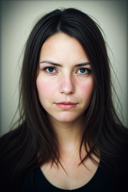 The image portrays a young woman with long, dark hair holding a vintage camera close to her face, partially obscuring one of her eyes. She gazes directly into the lens with an intense, thoughtful expression. The photograph has a distinct cinematic and nostalgic aesthetic, with soft lighting, a grainy texture, and subtle color grading that gives it a vintage, film-like quality.
Subject and Composition
The subject's face is positioned slightly off-center, drawing immediate attention to her sharp and expressive features. Her dark, well-defined eyebrows frame her deep-set eyes, which are slightly shadowed, adding to the introspective mood of the image. Her lips, which are slightly parted and tinted a natural red, contrast subtly with her smooth, pale skin. Strands of hair fall loosely across her face, reinforcing the unposed, organic nature of the portrait.
The camera she holds is an older model, silver and black with a rounded lens, possibly a vintage point-and-shoot film camera. Its reflective surface catches some light, making it a noticeable focal point. Her fingers gently rest on the camera's body, showcasing her relaxed grip, suggesting familiarity and comfort with the device. The camera partially obscures her left eye, creating an artistic and symbolic interplay between the act of capturing an image and being observed.