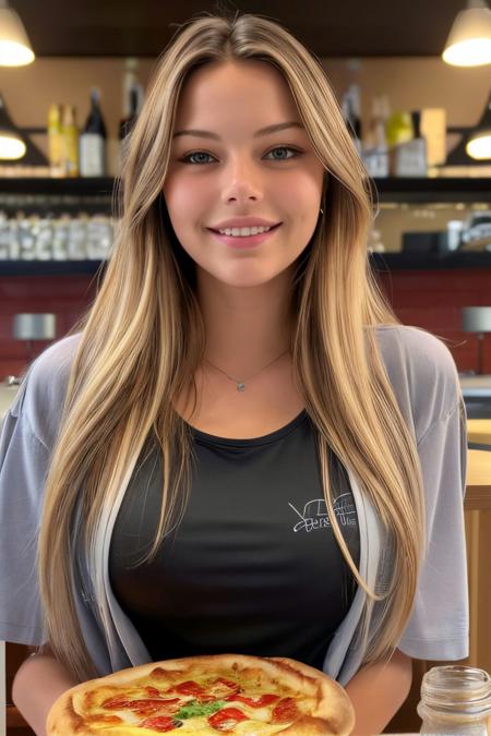 photo of S172_NolwennDelmas,a stunning woman,in a (pizzeria:1.1),wearing a (t-shirt:1.1), BREAK, wearing a (lether-jacket:1.1),(smiling:1.1),(8k, RAW photo, best quality, depth of field, ultra high res:1.2),(absurdres, intricate, photorealistic, masterpiece, ultra-detailed:1.3),