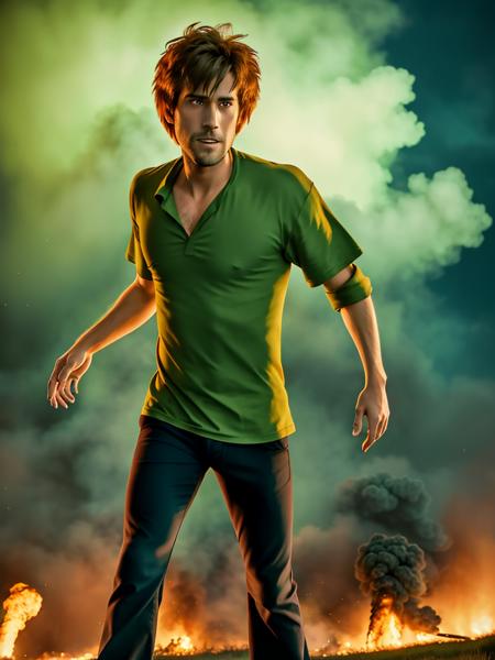 1boy, Shaggy, a man with green shirt, red eyes, spiky hair, brown pants, black shoes, ULTIMAXPOWER_mode, green ghoulish fire, blue shaggy ghost in the background , explosion in the background, masterpiece, highly detailed, 8K, stunning, hdr, (RAW photo:1.2), (photorealistic:1.2),(masterpiece:1.4),  <lora:Shaggy-000012:1>