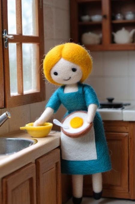 <lora:ç¾æ¯æ¯¡:0.6> Wool felt doll, felt, wool felt,  , A highly detailed mother in her kitchen preparing meal, window sunny day, happy, smiling,