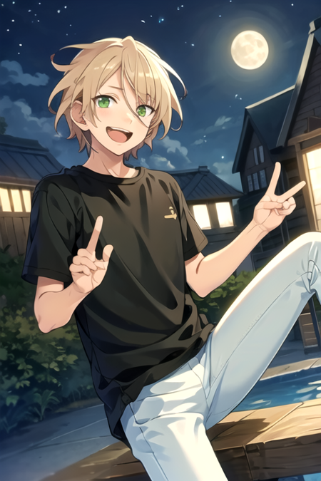 <lora:AiraShiratori-08:0.7> ,aira, solo, looking at viewer, smile, short hair, open mouth, blonde hair, 1boy, green eyes, laughing, black shirt, white pants, night, moon