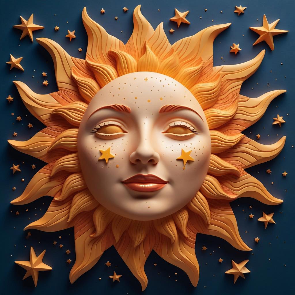 3d Sun with woman's face sculpted on it, caricature,  small stars in background, unrealistic