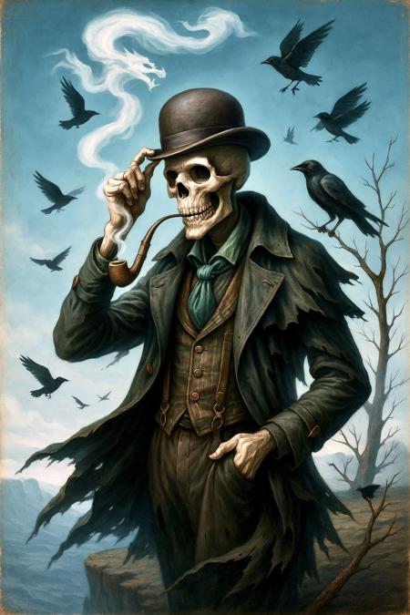 On the edge of an other-worldly cliff dotted with leafless, bird-perched branches, stands Sir Nicotine Grim, a mischievous skeleton gentleman who has clearly out-lived the surgeon-general.
· He wears a billowing, tattered trench-cloak layered over a plaid waistcoat, vintage suspenders, and a loosely knotted silk cravat—every fabric rippling in a cold, unseen breeze.
· His skull is perfectly anatomical: smooth cranium, well-defined zygomatic arches, intact mandible, straight spinal column; no warped bones, double jaws, or floating teeth.
· One bony hand (five fingers, natural joints) daintily tips a weather-worn bowler hat; the other clutches an old briar pipe. From the pipe coils an ethereal, mint-green smoke-dragon that spirals skyward, morphing playfully into ghostly crows before dissolving into the clouds.
· Tiny, curious ravens with glossy feathers orbit him like living punctuation, occasionally stealing buttons from his coat.
· The scene is painted in a surreal-gothic, hyper-stylised fashion reminiscent of 1950s pulp-horror book covers mixed with modern digital airbrush: velvety teal background, subtle vintage film grain and weathered edge borders, dramatic chiaroscuro lighting that makes bones gleam and fabric sheen with oily highlights.
· Colours: jade-green shadows, sea-foam mid-tones, ivory bone highlights, pops of burnished brass on cloak clasps and ringed phalanges.
· Composition: three-quarter portrait, horizon low, negative space above for the smoke-dragon’s whimsical S-curve.
· Overall mood: morbidly dapper, sardonic, yet oddly uplifting—like Death taking a smoke break during a Victorian fashion shoot.
· No AI artefacts: fingers all present, cloak folds coherent, smoke edges clean, no random blobs or duplicate eyes.”

⸻

Style directives:

surreal gothic fantasy illustration, hyper-detailed, 8k resolution, ultra-sharp focus, cinematic lighting, vintage pulp texture, dynamic brushwork, highly aesthetic, no extra limbs, no warped anatomy, no textual noise