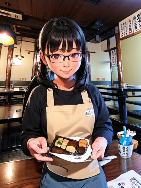 masterpiece, best quality, ultra-detailed, illustration,
murayakuba, izakaya, indoors, 1girl, apron, black hair,  glasses, plaid, pants, long sleeves, smile, holding, menu,
lamp, ceiling light, wooden floor, poster (object), realistic,
<lora:Murayakuba:1>