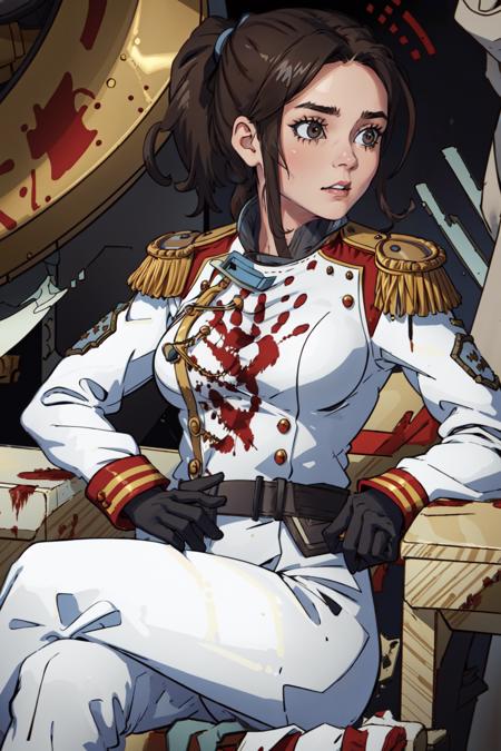 LotaraSarrin,1girl,sitting on throne,skulls,facing viewer,uniform,solo,military uniform,jacket,brown hair,ponytail,epaulettes,long sleeves,pants,black gloves,blood,medium breasts,(in metal room:1.2),full body, <lora:LotaraSarrin:0.8>, <lora:LORA-XenoDetailer-v2:0.1>