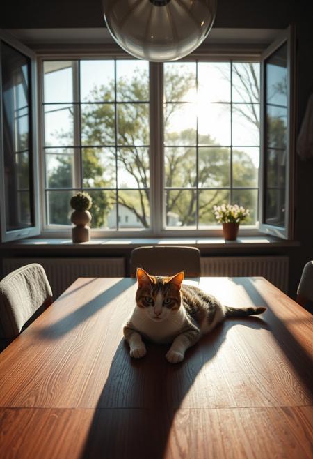 (Soft Lighting Photography by Mimoza Veliu and Mario Giacomelli:1.2), NSFW, 
fine art photo depicts a cat, laying on the dinning table looking at viewer, indoor in a minimalism design room, windows, Sunny. trees. The lighting is soft. view from the top,