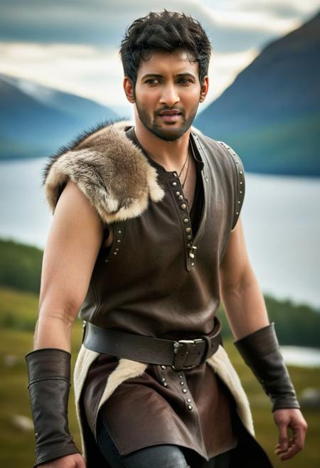 Ultra-detail, (highres:1.1), best quality, (masterpiece:1.3), mahesh babu a man <lora:Rohit-Saraf_Mahesh-Babu:1>, a Viking warrior prince wearing fur and leather armor rags rising above a battlefield, scales, handsome 23yo Norway male model, dynamic posture posing, full-body from above, dramatic angle. hairy body, skinny muscled, perfect biceps, great pecs, thin waist, perfect jawline, strong and powerful, sporty, great detail, satisfaction,