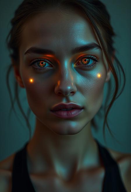 (subtle integrated LED body modification:1.5), (permanent LED makeup:1.6), (soft natural glow beneath the skin:1.7), ((embedded LEDs:1.5)) enhancing cheekbones, jawline, and lips, (gentle projected makeup:1.5), (earthy tones shifting with expressions:1.4), ((flawless radiant skin:1.8)), (futuristic elegance:1.4), ((warm LED glow enhancing facial features:1.7)), seamless, natural-looking tech-infused beauty, (soft under-skin glow:1.6), (delicate LED accents in natural hues around eyes:1.6), (high-definition:1.5), (perfect anatomy:1.6), (radiant smooth skin:1.7) with soft, warm integrated lighting, (permanent light contours:1.5), soft, neutral color projection, (hyper-realistic textures:1.7) blending LED with natural skin tones, refined facial definition, (glowing accents subtly enhancing natural beauty:1.7), (high-resolution:1.5), advanced tech enhancing timeless beauty, (soft natural glow as makeup:1.7), (refined, earthy color transitions), radiant yet understated