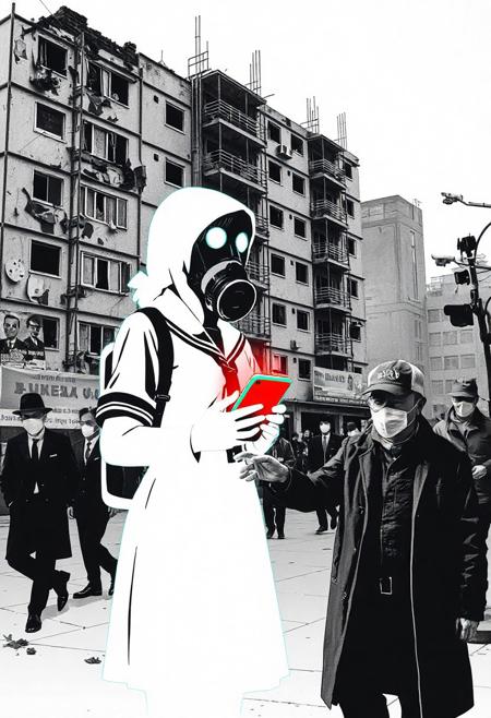 JNANX,luminous white silhouette,cyan glow,emerald highlights,flickering outline,dreamlike movement,
A Banksy-style stencil graffiti artwork. A Korean high school girl in uniform and a gas mask stands in front of a crumbling apartment complex with shattered windows and scaffolding. She holds a smartphone glowing red and green, showing a rising cryptocurrency chart. Beside her, a homeless elderly man extends his hand for help, but she ignores him. In the background, people wearing suits and masks walk past giant propaganda posters and security cameras. The whole scene is grayscale, with only the phone screen in vivid color. Urban decay, inequality, generational divide — bold, satirical, politically critical.