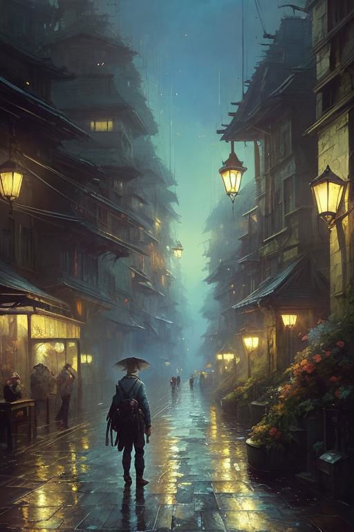 A person walking down a rain-soaked alleyway in a city at night.