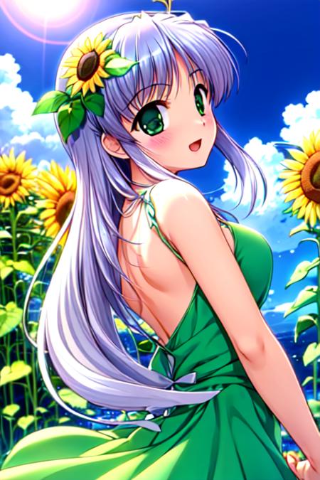 Masterpiece, Best Quality,  <lora:Feena_Local_03_10:1>, Feena, green sundress, sunflower,  sunny,