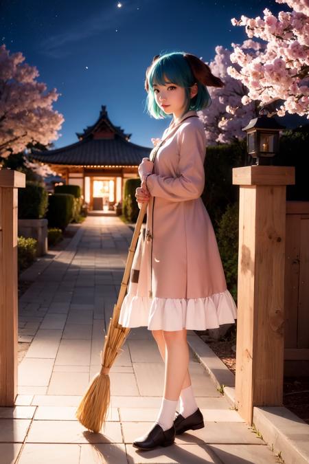 masterpiece, best quality,   <lora:KasodaniKyouko:1>,1girl, kasodani kyouko, solo, green hair, green eyes, broom, animal ears, petals, dress, cherry blossoms, stone lantern, short hair, night, bamboo broom, sky, architecture, lantern, east asian architecture, standing, long sleeves, looking at viewer, smile, night sky, pink dress, shoes, tree, holding, socks, outdoors, star (sky), white socks, holding broom, dog ears, starry sky, building, pavement, scenery, brown dress