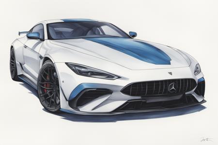 colored marker rendering of a sports car, concept art, sporty, fast, high performance, ((symmetric-design)), crisp lines, sketch, illustration, illustrative, marker drawing, expressive strokes, graphic, sharp, crisp, in-focus, uncropped, high-quality  <lora:MercedesAGTGTCoupe:1>