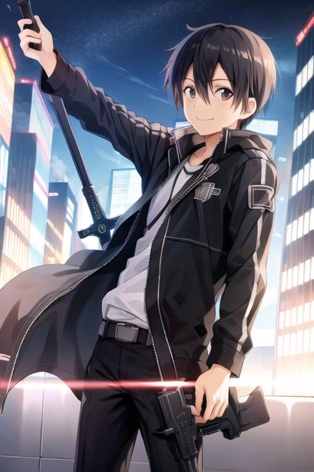 <lora:kirito:0.6>, high res, kirito, solo, 1boy, smile, cyberpunk, cityscape, skyscraper