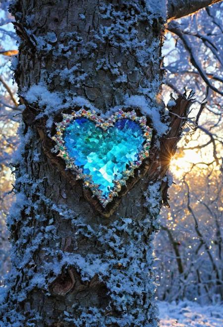 snow covered oak tree stands in the middle of the forest, 
there is a hole in the trunk of the tree with a iridescence Swarovski heart inside, 
colored light shines through the heart, 
show the icy branches hanging down, 
winter background, 
in style of Josephine Wall., 
Broken Glass effect, 
no background, 
stunning, 
something that even doesn't exist, 
mythical being, 
energy, 
molecular, 
textures, 
iridescent and luminescent scales, 
breathtaking beauty, 
pure perfection, 
divine presence, 
unforgettable, 
impressive, 
breathtaking beauty, 
Volumetric light, 
auras, 
rays, 
vivid colors reflects