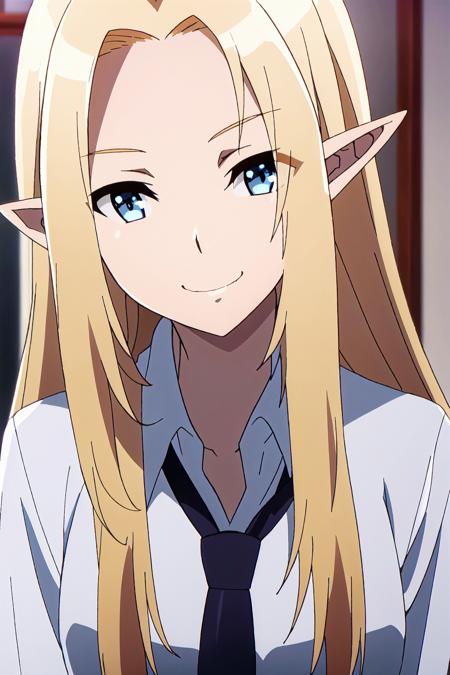 alph, 1girl,  solo,  blue eyes,  blonde hair,  pointy ears,  long hair,  anime coloring,  necktie,  smile,  shirt,  looking at viewer,  elf,  white shirt,  collared shirt,  closed mouth,  upper body,  black necktie,  eyes visible through hair
high quality, best quality, ultra detailed, masterpiece, <lora:EMS-55222-EMS:0.800000>