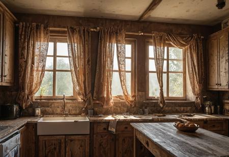 score_9, score_8_up, score_7_up, masterpiece, best quality, rustic kitchen with batik curtains, morning sunlight, soft dust particles, peaceful home moment