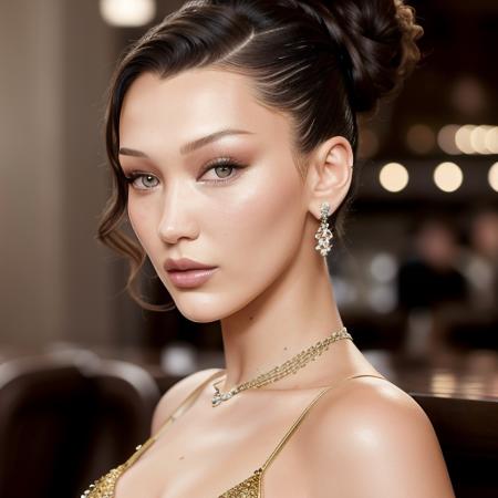 portrait photo of BellaHadid beautiful woman hair updo upsweep nightclub sitting at bar (masterpiece) (best quality) (detailed) (8k) (HDR) (wallpaper) (cinematic lighting) (sharp focus) (intricate) <lora:BellaHadid:0.6>